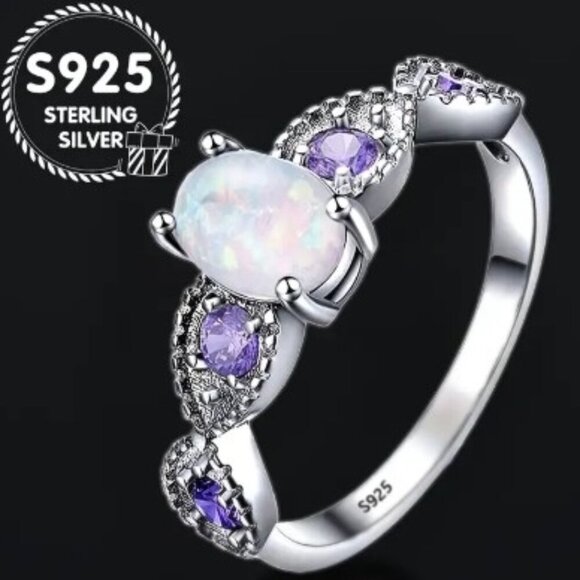 Opal Ring -925 Sterling Silver 18K Gold Plated with Purple Zirconia Accents sz 9 - Picture 1 of 16